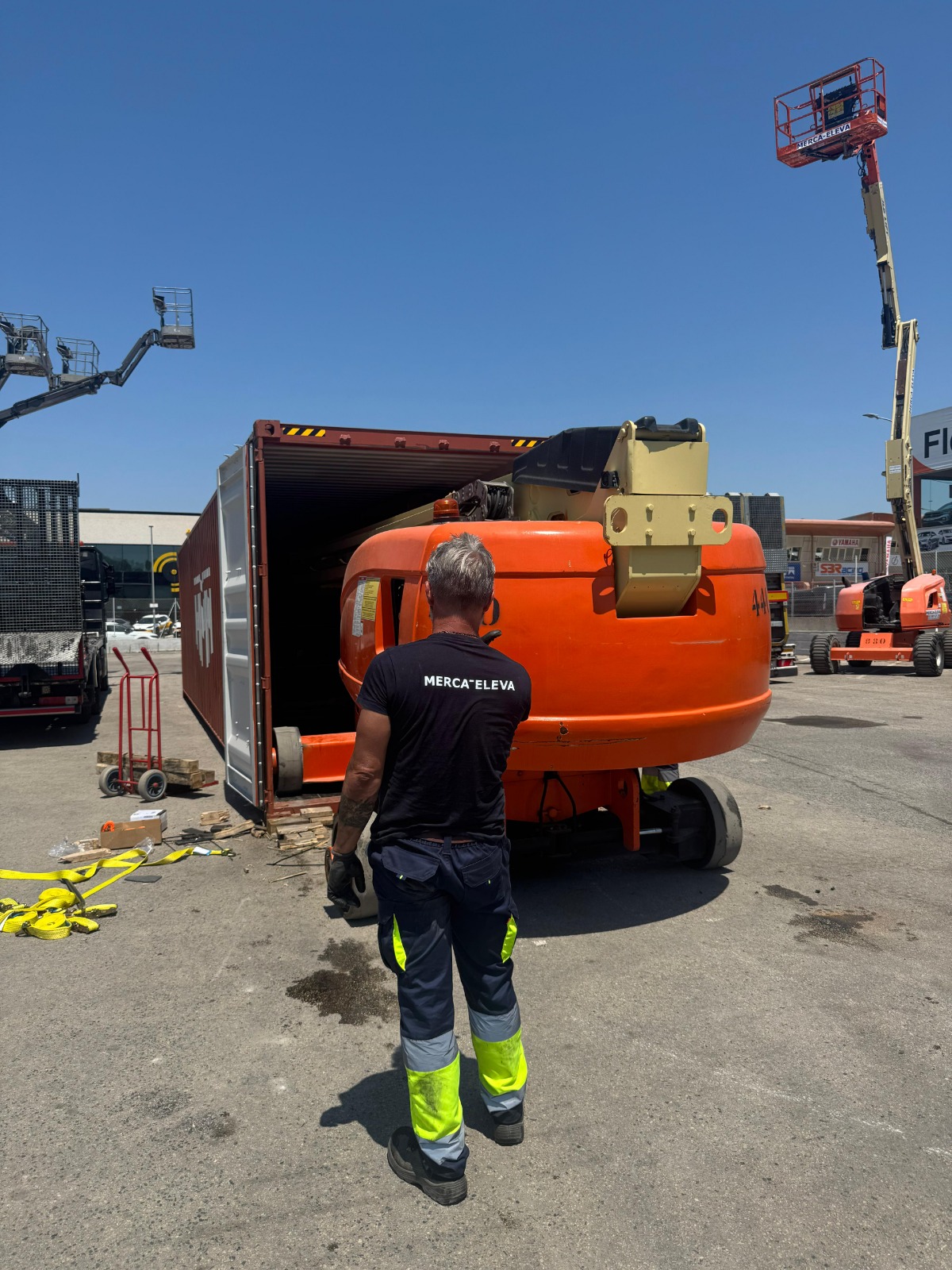 Used boom lift prepared for shipping and import
